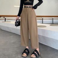 2024春夏新款高腰阔腿裤女宽松裤子显瘦休闲哈伦裤口袋设计雅痞