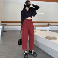 2024春夏新款高腰阔腿裤女宽松裤子显瘦休闲哈伦裤口袋设计雅痞