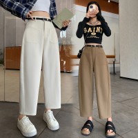 2024春夏新款高腰阔腿裤女宽松裤子显瘦休闲哈伦裤口袋设计雅痞