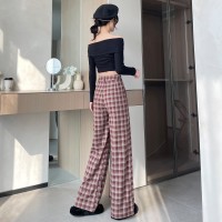 2024春夏款天丝棉红格子休闲裤小个子宽松直筒阔腿裤显瘦拖地长裤