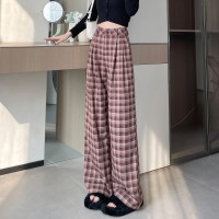 2024春夏款天丝棉红格子休闲裤小个子宽松直筒阔腿裤显瘦拖地长裤