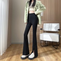 侧开叉喇叭裤女春装小个子高腰显瘦拖地休闲黑色西装微喇裤