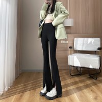 侧开叉喇叭裤女春装小个子高腰显瘦拖地休闲黑色西装微喇裤