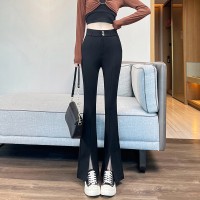 黑色高腰西装裤高级垂感开叉喇叭裤梨形身材窄版阔腿裤女