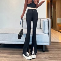 黑色高腰西装裤高级垂感开叉喇叭裤梨形身材窄版阔腿裤女