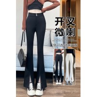 黑色高腰西装裤高级垂感开叉喇叭裤梨形身材窄版阔腿裤女