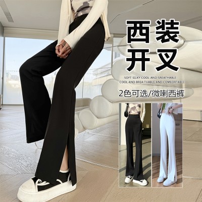 <!--开叉微喇西装裤女2024春夏新款黑色高腰显瘦垂感拖地喇叭裤-->