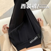 黑色西装裤子春夏款宽松大码阔腿长裤小个子垂感窄版直筒西装裤