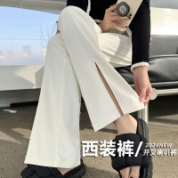黑色微喇阔腿裤高腰垂感小个子休闲窄版直筒拖地开叉西装裤