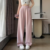 亚麻新中式风盘扣阔腿裤女2024夏季新款高腰垂感窄版阔腿休闲