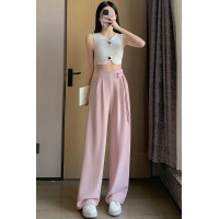 亚麻新中式风盘扣阔腿裤女2024夏季新款高腰垂感窄版阔腿休闲
