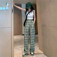 格子阔腿裤女2024夏季新款复古仿麻松紧高腰直筒宽松显瘦休闲裤