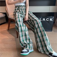 格子阔腿裤女2024夏季新款复古仿麻松紧高腰直筒宽松显瘦休闲裤