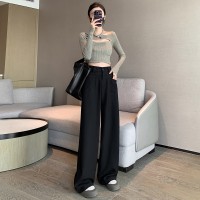 亚麻西装阔腿裤女2024春夏新款直筒宽松显瘦小个子高腰垂感拖地裤