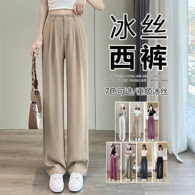 <!--窄版阔腿裤女胖mm大码高腰垂感冰丝直筒高级感西装裤薄款夏-->