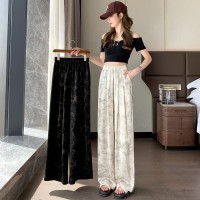 新中式风印花休闲裤女夏薄款2024新款水墨冰丝阔腿窄版直筒裤子