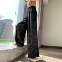 新中式风印花休闲裤女夏薄款2024新款水墨冰丝阔腿窄版直筒裤子
