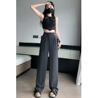 2024春夏新款中式盘扣阔腿裤女西装阔腿裤小个子高腰垂感直筒裤女