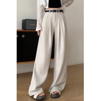 亚麻西装阔腿裤女2024春夏新款直筒宽松显瘦小个子高腰垂感拖地款