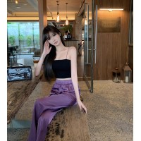 CHICYOULux系列不易皱超显瘦百搭松紧腰仿醋酸裤直筒长裤子