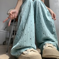 不缩水山本褶皱宽松阔腿波点裤子女24夏日系冰丝慵懒肌理纹休闲裤