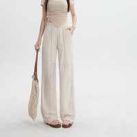 夏季破洞烫钻阔腿裤女高腰直筒裤垂感拖地休闲裤子冰丝设计感小众
