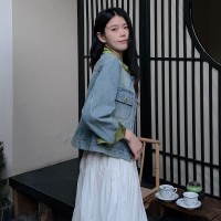 新中式牛仔短外套女2024早春新款大码女装小个子复古夹克上衣