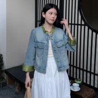 新中式牛仔短外套女2024早春新款大码女装小个子复古夹克上衣