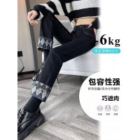 卷边烟管牛仔裤女2024年春秋新款设计感宽松显瘦小个子直筒裤