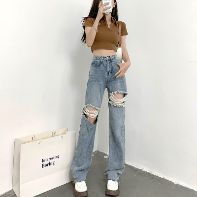 <!--破洞牛仔裤女2024夏季新款高腰舒适阔腿裤显瘦拖地裤潮流-->
