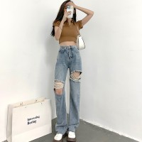 破洞牛仔裤女2024夏季新款高腰舒适阔腿裤显瘦拖地裤潮流