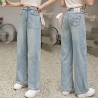 浅色窄版阔腿牛仔裤刺绣女夏季薄款2024新款高腰直筒拖地裤子