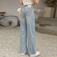 浅色窄版阔腿牛仔裤刺绣女夏季薄款2024新款高腰直筒拖地裤子