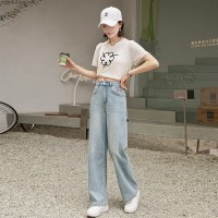 浅色窄版阔腿牛仔裤刺绣女夏季薄款2024新款高腰直筒拖地裤子