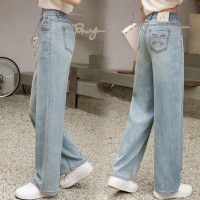 浅色窄版阔腿牛仔裤刺绣女夏季薄款2024新款高腰直筒拖地裤子
