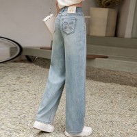 浅色窄版阔腿牛仔裤刺绣女夏季薄款2024新款高腰直筒拖地裤子