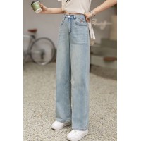 浅色窄版阔腿牛仔裤刺绣女夏季薄款2024新款高腰直筒拖地裤子