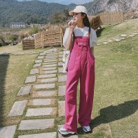 【玫红现货】2024显瘦学院风背带裤吊带宽松牛仔D72–