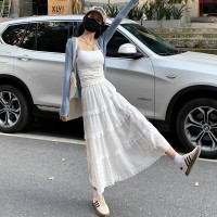 白色半身裙女高腰a字裙蛋糕裙温柔风长裙设计感钩花裙子