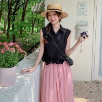 现货高级感气质花瓣边小衫+高腰A版粉色半身裙套装A45