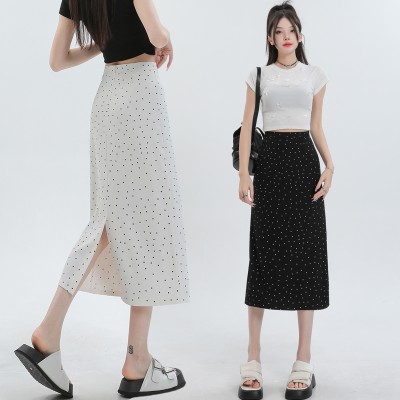 <!--波点半身裙女夏季新款高腰显瘦包臀裙中长款开叉a字一步裙子-->