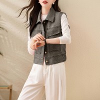 设计感圆领皮衣小马甲女短款2024春季新款精致潮流pu坎肩外穿马夹