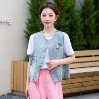 现货2024春季新款无袖牛仔马甲新中式坎肩马甲外套女刺绣上衣