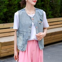 现货2024春季新款无袖牛仔马甲新中式坎肩马甲外套女刺绣上衣