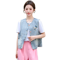 现货2024春季新款无袖牛仔马甲新中式坎肩马甲外套女刺绣上衣