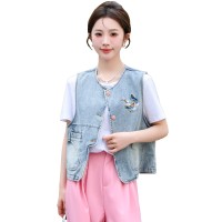 现货2024春季新款无袖牛仔马甲新中式坎肩马甲外套女刺绣上衣