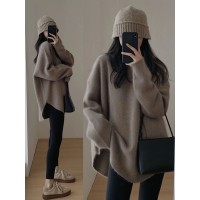 浣熊绒毛衣女秋冬季中长款日系慵懒复古风开叉套头加厚外穿针织衫