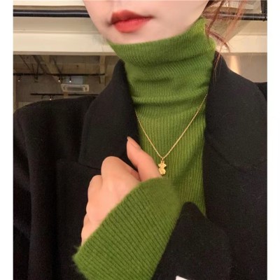 <!--秋冬新款牛油果绿堆堆高领加厚打底毛衣女内搭针织衫洋气套头上衣-->