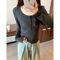 纯欲风U领长袖打底衫T恤女春秋辣妹修身别致内搭锁骨上衣