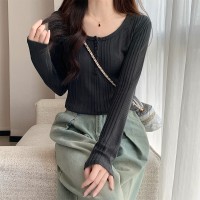 纯欲风U领长袖打底衫T恤女春秋辣妹修身别致内搭锁骨上衣